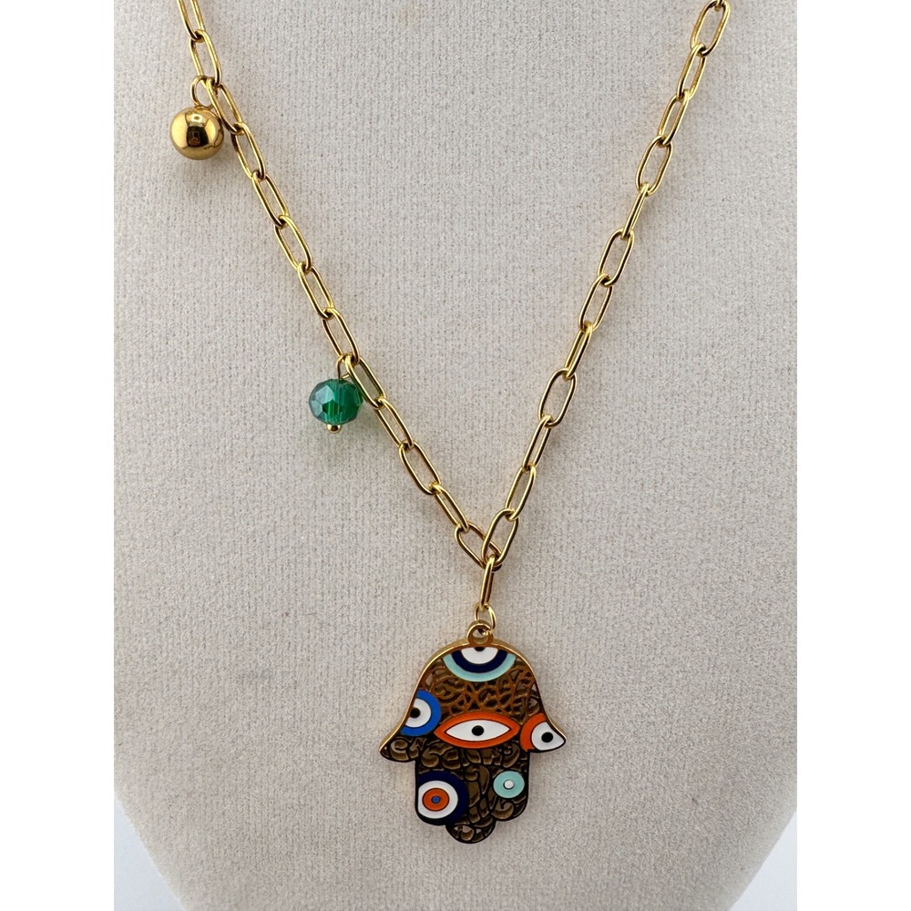 TTM Gold Tone Hamsa Evil Eye Enamel Paperclip Chain Necklace Boho Charm 18-20"